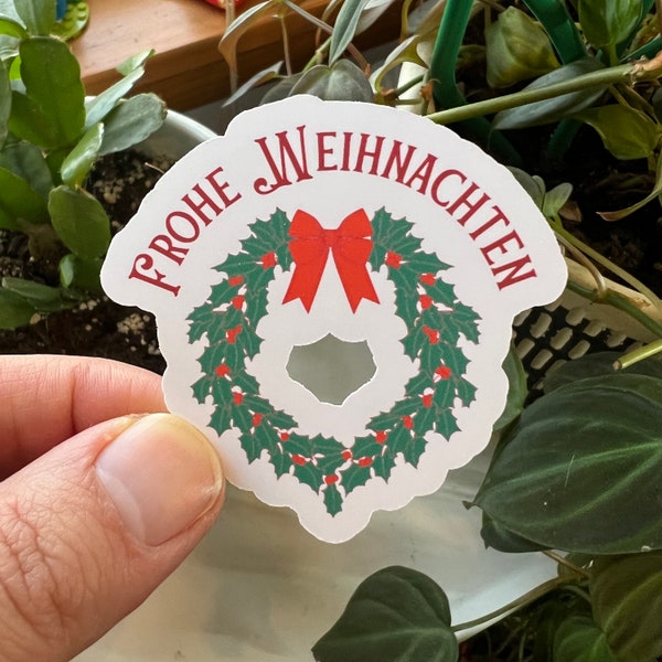 Frohe Weihnachten German Merry Christmas Wreath Die Cut Sticker | Matte Vinyl Germany Holidays Christmas Sticker | German Words Language