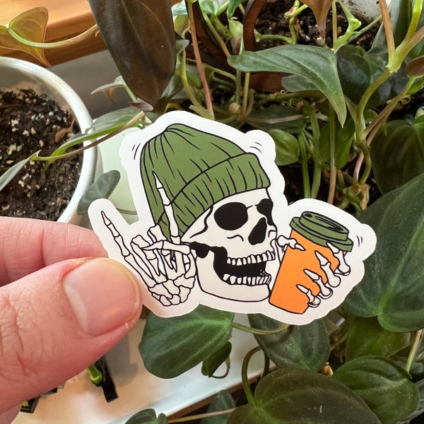 Pumpkin Spice Skeleton Hipster Girlie Die Cut Matte Sticker | Coffee Beanie Skeleton Spoopy Spooky Cute Goth Skeleton Bones Laptop Kindle