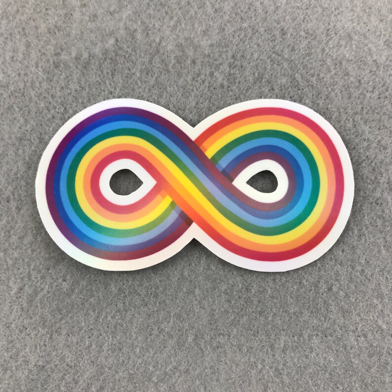 May include: A rainbow infinity symbol sticker. The symbol is made up of multiple stripes of color, including red, orange, yellow, green, blue, indigo, and violet.