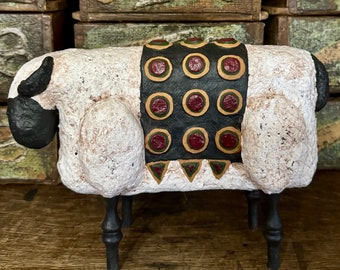 Large Primitive Folk Art Paper Mach Sheep with Penny Rug