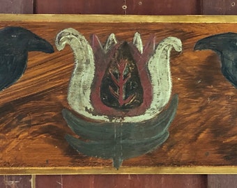 Crows and Fraktur Tulip on Lovely Old Original Grain Paint Door Panel