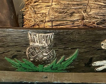 Leaping Bunnies and Thistle on a Large and Long Old Barrel Stave