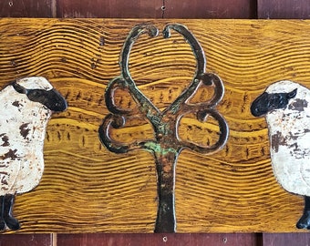 A Most Primitive Piece!  Two Sheep and Tree on Grain Painted Board