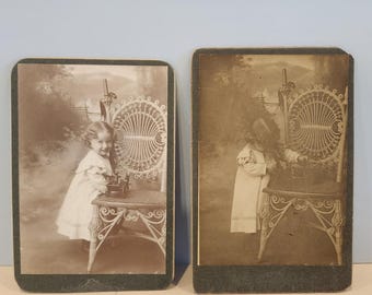 2~Antique Cabinet Cards Photos~Cute Little Girl Playing w/ Fire Engine On Chair