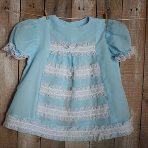 vintage baby clothes dress reborn doll soft classic sze 58 chest blue poly ribbon lace trims frills bows