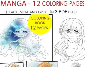 Printable Manga 12 pages of coloring book for adults and children. Instant download digital files in PDF, a4