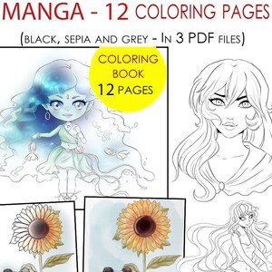 Printable Manga 12 pages of coloring book for adults and children. Instant download digital files in PDF, a4