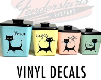 Vinyl DECALS Atomic Kitty Cat Kitchen Canister Cake Bread Vintage Inspired Retro Mid Century