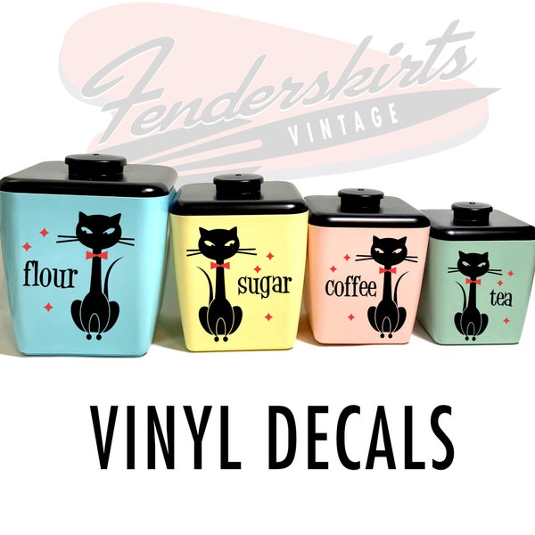 Vinyl DECALS Slim Kitty Cat Kitchen Canister Cake Bread Vintage Inspired Retro Mid Century
