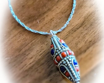 Tibetan Bead Necklace on Sterling Silver Chain