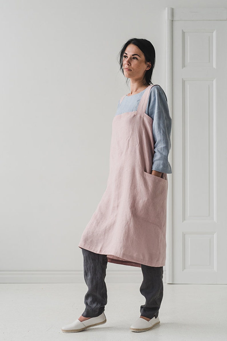 Washed Japanese Style Apron Soft Cross Back Apron Linen Pinafore in Pale Dogwood Long Linen Apron
