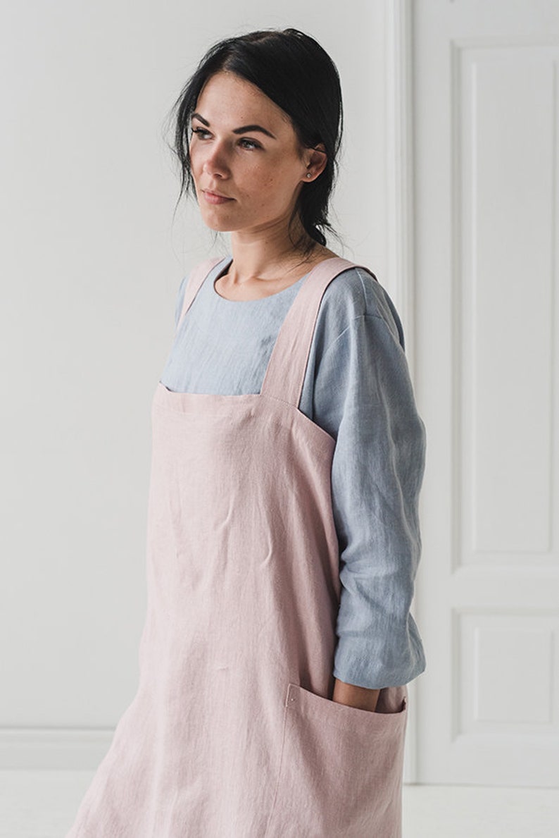Washed Japanese Style Apron Soft Cross Back Apron Linen Pinafore in Pale Dogwood Long Linen Apron