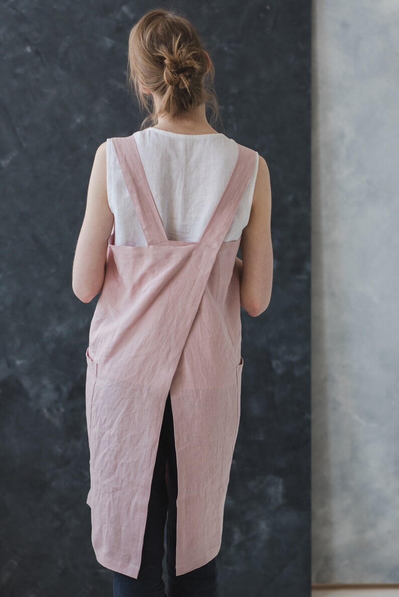 Washed Japanese Style Apron Soft Cross Back Apron Linen Pinafore in Pale Dogwood Long Linen Apron