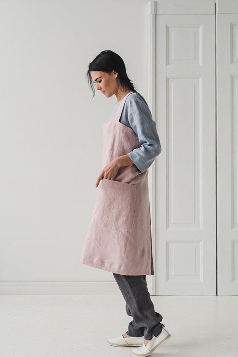 Washed Japanese Style Apron Soft Cross Back Apron Linen Pinafore in Pale Dogwood Long Linen Apron
