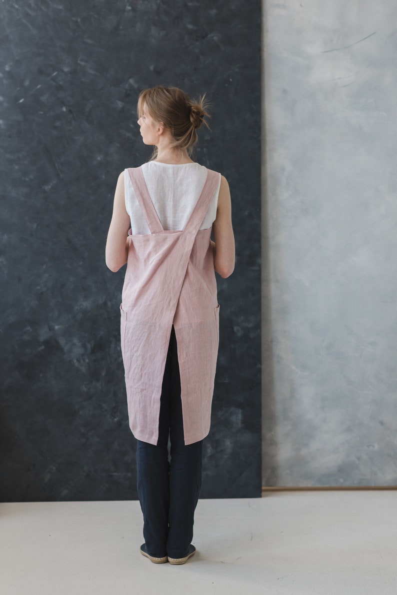 Washed Japanese Style Apron Soft Cross Back Apron Linen Pinafore in Pale Dogwood Long Linen Apron