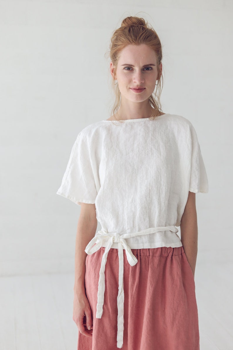 Linen Blouse GODA Long Belt Linen Blouse Natural Linen Wrap Top