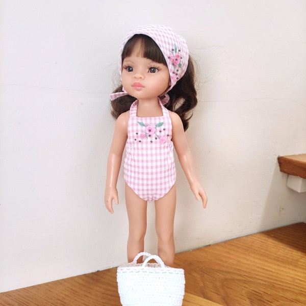 Ensemble maillot de bain une pièce , fichu et sac en crochet pour poupées Las Amigas .