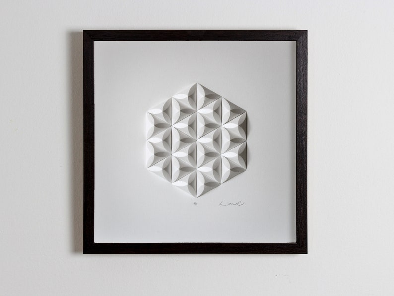 First Wedding Anniversary Living room art Wall Art Home Office Wall Sculpture Geometric Modernist Minimal Origami White Abstract Decoration Framed in Black Wood