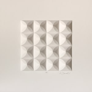May include: White paper sculpture with a geometric pattern of overlapping circles. The sculpture is signed "David" in the bottom right corner and "607" in the bottom left corner.