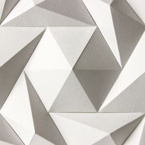 May include: Abstract geometric pattern with a white and gray color scheme. The pattern is made up of triangles that are folded to create a three-dimensional effect.