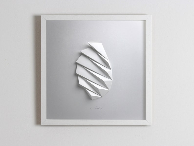 Living room art Wall Hanging Home Office Wall Sculpture Origami Abstract Decor Object Art White Paper Relief Gift Architect Pleat2 Framed in White Wood