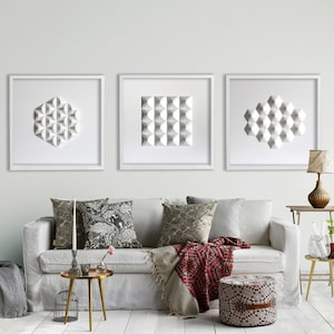 SET di 3 SCULTURE MURALI Grande astratto Wall Art Soggiorno Home Office Origami Decor Object Art White Relief Gift Architect Cre346w