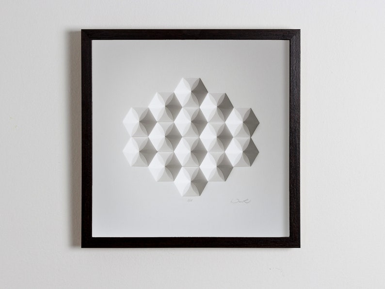 Living room art Wall Hanging Home Office Wall Sculpture Wall Art Geometric Modernist Minimal Origami White Abstract Decoration Framed in Black Wood