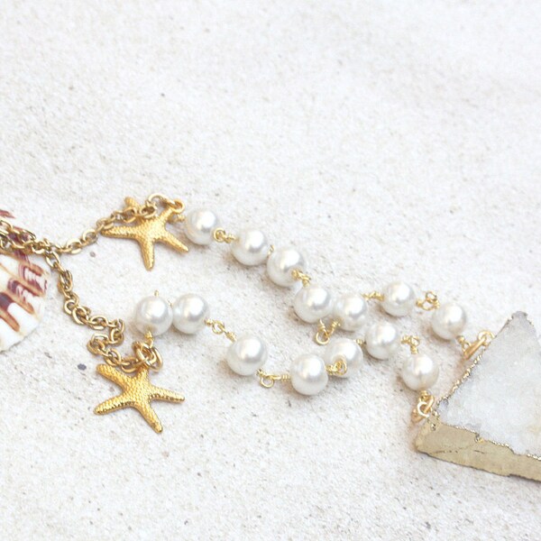white druzy pendant, beachy jewelry, white druzy pendant, druzy gift, druzy necklace, starfish pendant, druzy, pearls, druzy jewelry