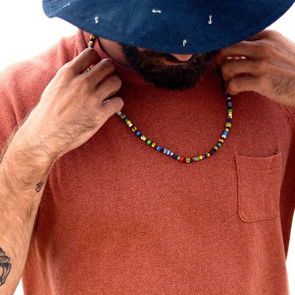 African trade bead neck chain, trade bead necklace, Cody Simpson jewelry, hippie beaded necklace, surfer jewelry, teen boy gift, trade beads