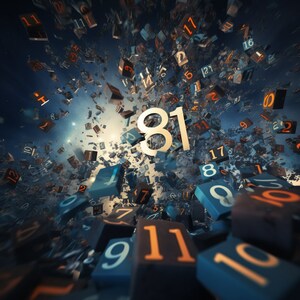 May include: A 3D rendering of the number 81 surrounded by a chaotic explosion of numbers in various colors and sizes. The numbers are in a dark blue, gray, and orange color scheme.