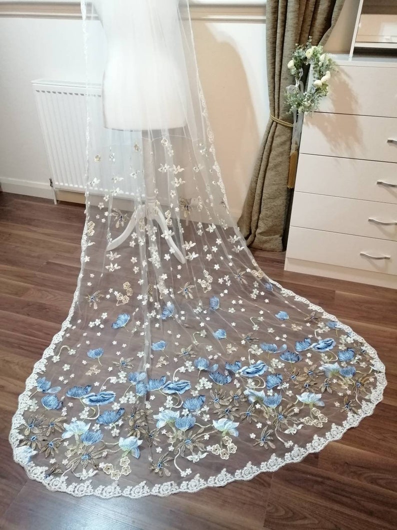 blue floral veil Flower veil boho veil something blue wild flower veil Floral veil secret garden veil embroidered veil Floral veil