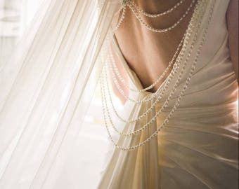 Back necklace, backdrop necklace, backless dress drape, dress adornment, crystal drapes, wedding dress drapes, dress embellishment.
