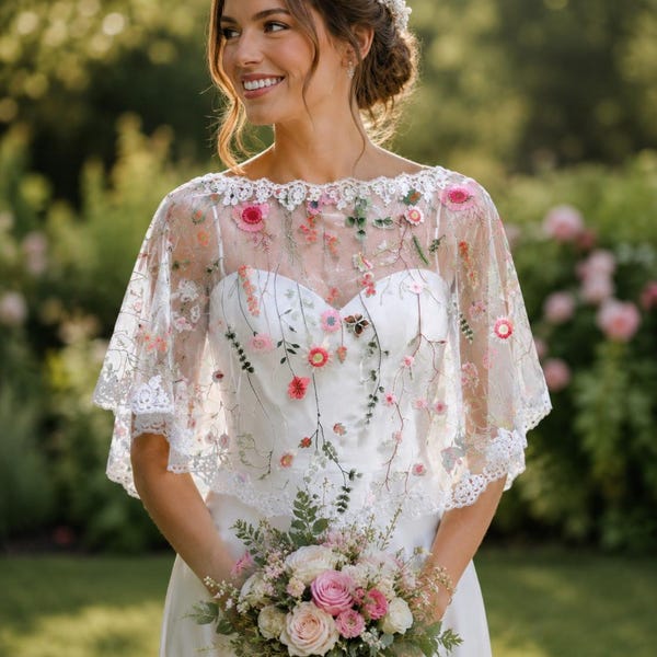 Embroidered Floral Bridal Bolero, Sheer Tulle Wedding Cover Up, Boho Shawl, Dress Topper