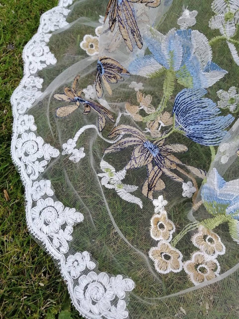 blue floral veil Flower veil boho veil something blue wild flower veil Floral veil secret garden veil embroidered veil Floral veil