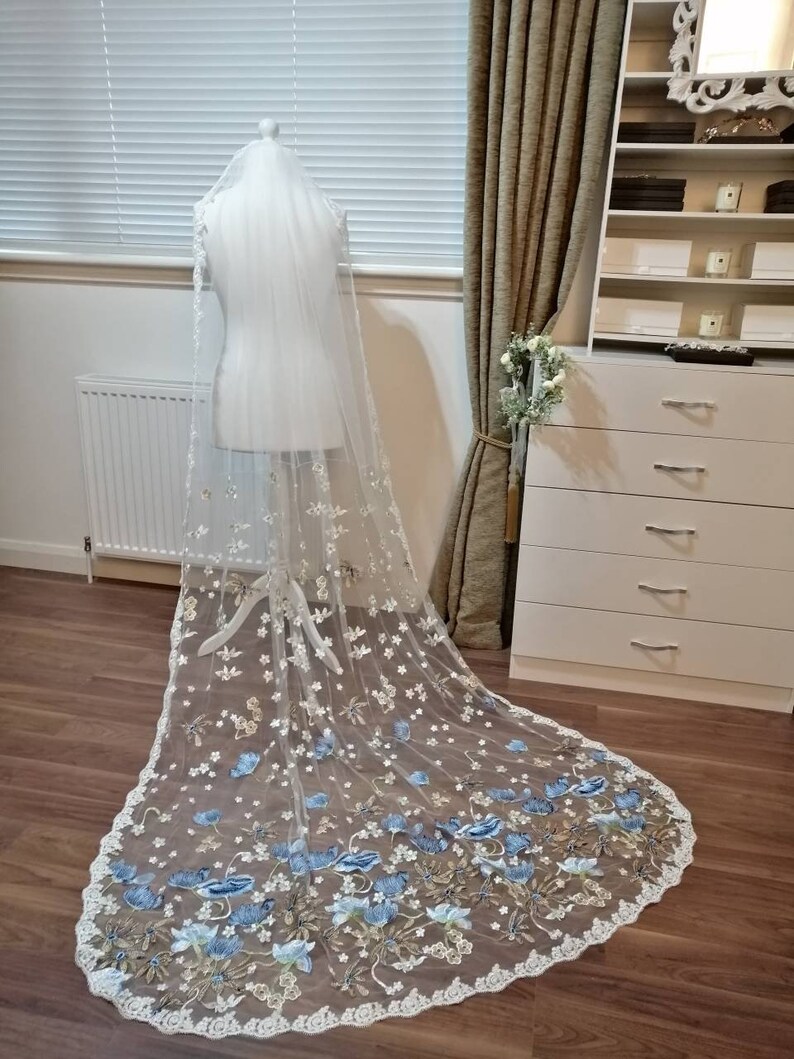 blue floral veil Flower veil boho veil something blue wild flower veil Floral veil secret garden veil embroidered veil Floral veil