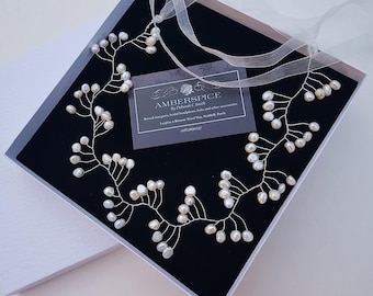 Zoetwaterparel bruids haar wijnstok, boho bruiloft hoofddeksel, handbedrade bloemenring