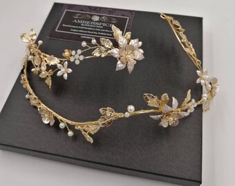 Gold Flower Leaf Bridal Headpiece, Pearl Vine Hair Accessory