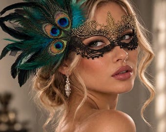Maskeradmask med påfågelfjäder, gotisk mask med guldspets, lyxig venetiansk mask, fjädermask i specialfärg.