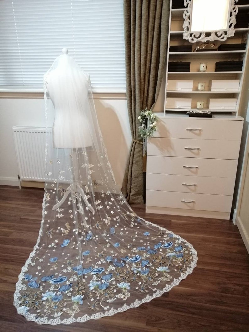 blue floral veil Flower veil boho veil something blue wild flower veil Floral veil secret garden veil embroidered veil Floral veil