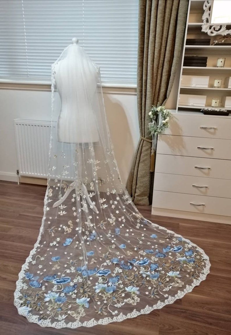 blue floral veil Flower veil boho veil something blue wild flower veil Floral veil secret garden veil embroidered veil Floral veil