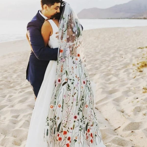 Embroidered Floral Bridal Veil, Wildflower Secret Garden Nature Inspired Boho Style