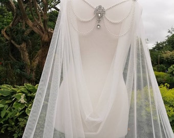 Beaded Dress Drape Veil, Gatsby Inspired Pearl Crystal Cape, Tulle Bridal Accessory