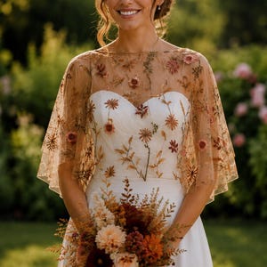 Autumnal Embroidered Floral Bridal Bolero, Sheer Tulle Wedding Cover Up, Boho Shawl, Dress Topper