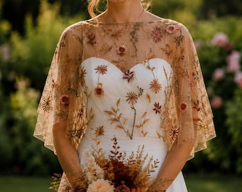 Bolero da sposa autunnale con ricami floreali, coprispalle da sposa in tulle trasparente, scialle boho, copriabito