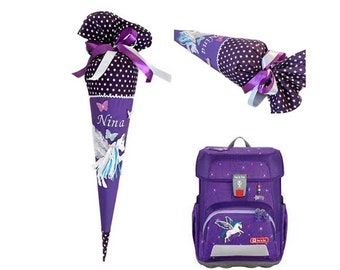 Cartable « Pegasus » violet, sac à sucre personnalisé brodé avec nom, adapté pour Step by Step Pegasus & Ergobag Bärgasus