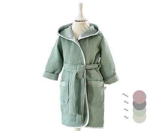 Peignoir enfant personnalisé, 100% coton, tailles 86-128, en piqué gaufré & mousseline, aux couleurs pastel