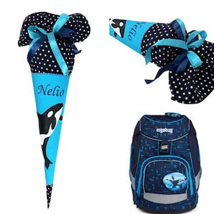 Schultüte "Orca", personalisierte Zuckertüte Wal, passend zu Ergobag TiefseetauchBär, mit Namen bestickt, Schultüte Stoff, für 70 cm Pappe