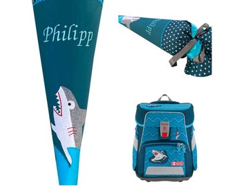 Cartable « Requin », sac à sucre personnalisé, brodé du nom, Ergobag Angry Shark, cartable en tissu pour garçons, adapté à 70 cm