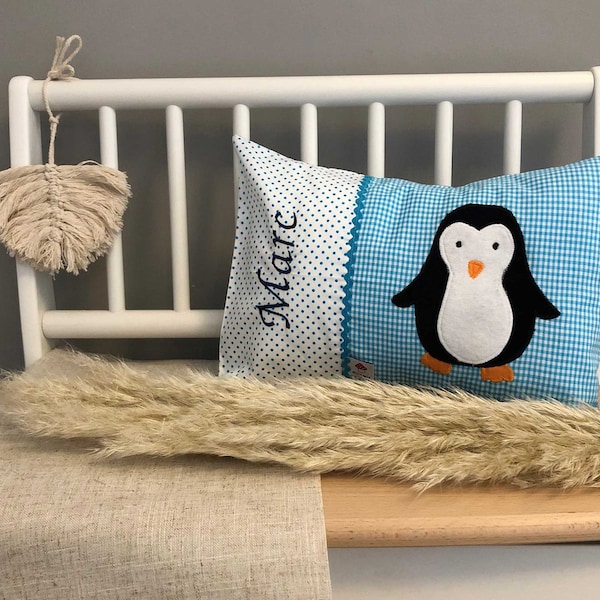 Namenskissen "Pinguin", inklusive Name,  Kissen mit Name, Babykissen, Kissen zur Geburt, Verschiedene Farben und Größen