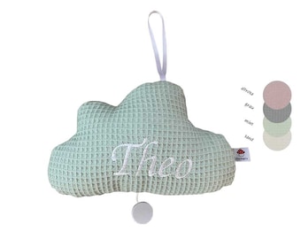 Personalized music box "cloud" made of waffle pique, embroidered with names, melody Lalelu, cotton terry on the back